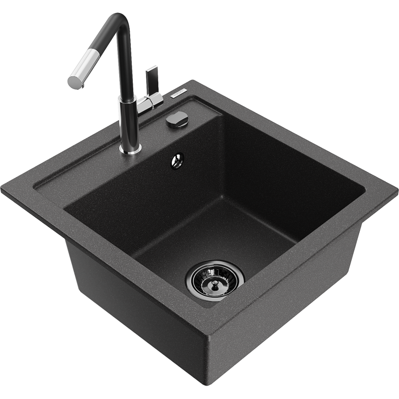 Mexen Vito Granitspüle 1-becken mit Küchenarmatur Flora, schwarz gesprenkelt - 6503-76-670401-07-B
