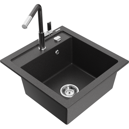 Mexen Vito Granitspüle 1-beckig mit Küchenarmatur Flora, schwarz gesprenkelt - 6503-76-670401-08