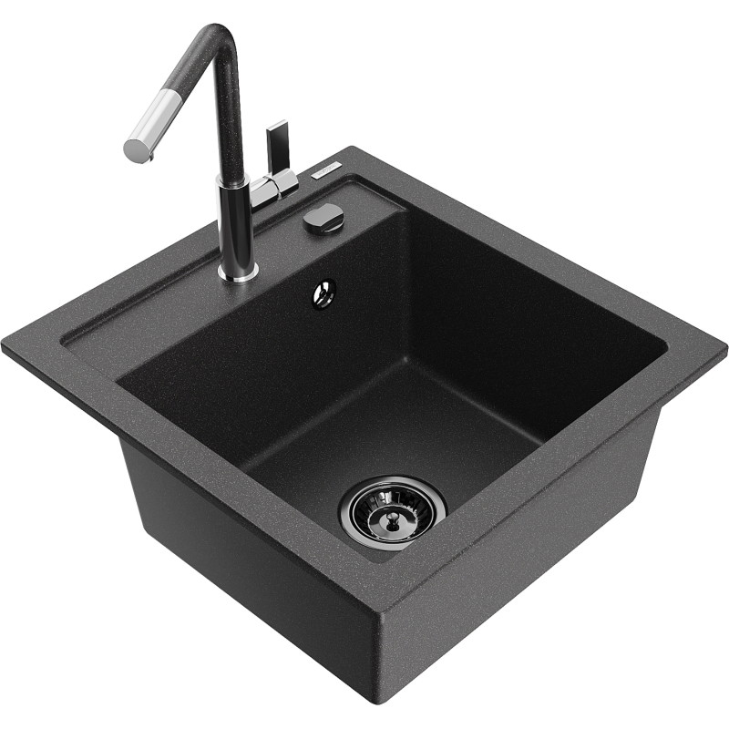 Mexen Vito Granitspüle ein Becken mit Küchenarmatur Flora, schwarz gesprenkelt - 6503-76-670401-08-B