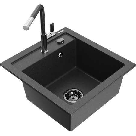 Mexen Vito Granitspüle 1-Becken mit Küchenarmatur Flora, schwarz gesprenkelt - 6503-76-670401-08-B