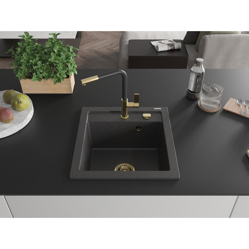 Mexen Vito Granit-Spüle 1-beckig mit Küchenarmatur Flora, schwarz gesprenkelt - 6503-76-670401-57-G