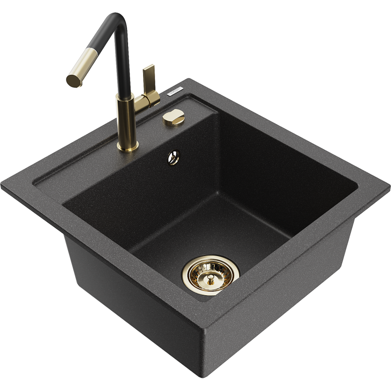 Mexen Vito Granit-Spüle 1-beckig mit Küchenarmatur Flora, schwarz gesprenkelt - 6503-76-670401-57-G