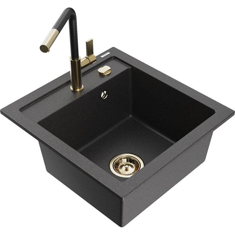 Mexen Vito Granitspüle 1-Becken mit Küchenarmatur Flora, Schwarz gesprenkelt - 6503-76-670401-57-G