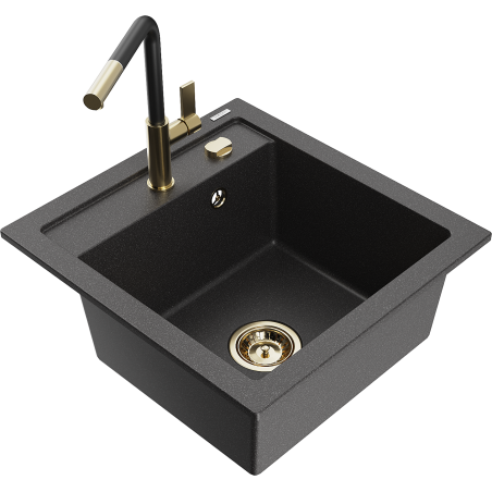 Mexen Vito Granit-Spüle 1-beckig mit Küchenarmatur Flora, schwarz gesprenkelt - 6503-76-670401-57-G