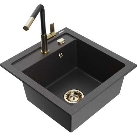 Mexen Vito Granitspüle 1-Becken mit Küchenarmatur Flora, Schwarz gesprenkelt - 6503-76-670401-57-G