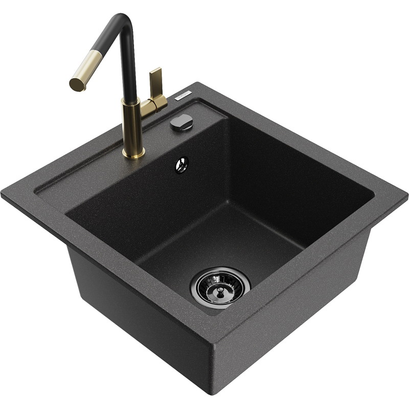 Mexen Vito Granitspüle 1-Kammer mit Küchenarmatur Flora, schwarz gesprenkelt - 6503-76-670401-57-B