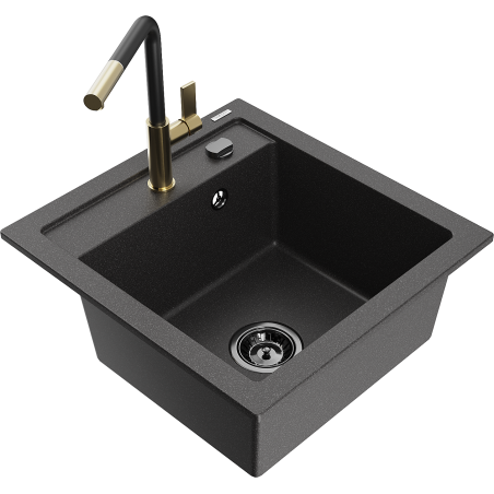 Mexen Vito Granitspüle 1-Becken mit Küchenarmatur Flora, schwarz gesprenkelt - 6503-76-670401-57-B