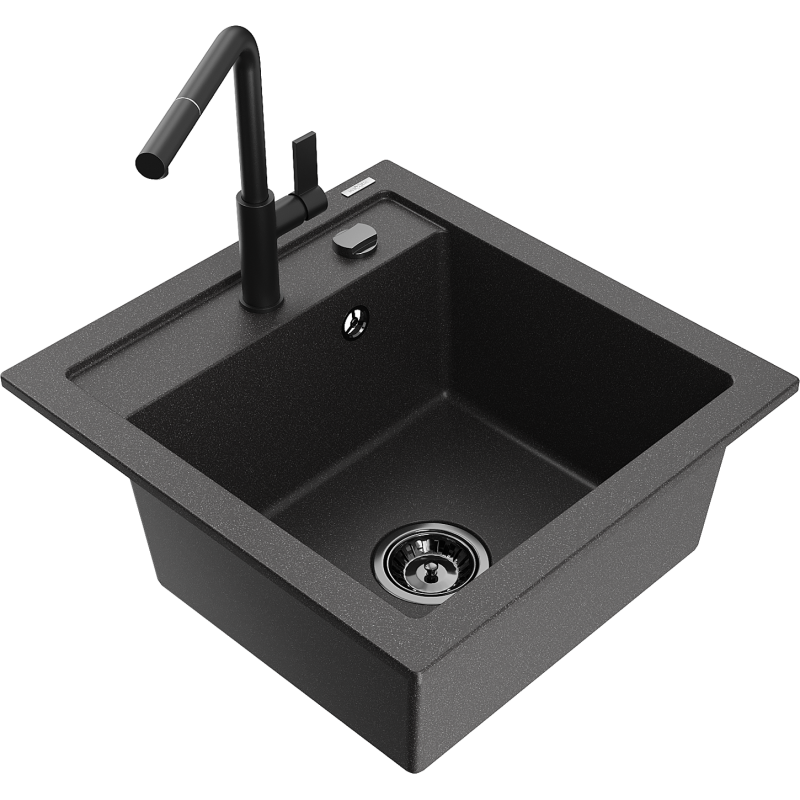 Mexen Vito Granitspüle 1-Becken mit Küchenarmatur Flora, schwarz gesprenkelt - 6503-76-670401-70-B