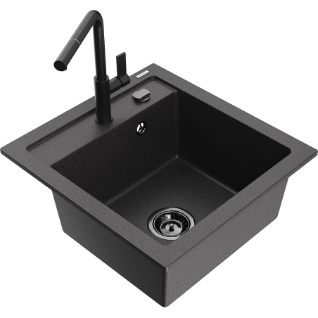 Mexen Vito Granitspüle 1-Becken mit Küchenarmatur Flora, schwarz gesprenkelt - 6503-76-670401-70-B