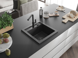 Mexen Vito Granitspüle 1-Becken mit Küchenarmatur Flora, schwarz gesprenkelt - 6503-76-670401-70-B