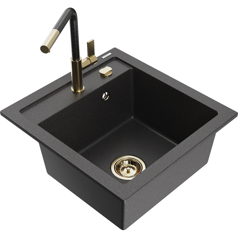 Mexen Vito Granitspüle 1-Becken mit Küchenarmatur Flora, schwarz gesprenkelt - 6503-76-670401-75-G