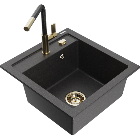 Mexen Vito Granitspüle 1-Becken mit Küchenarmatur Flora, schwarz gesprenkelt - 6503-76-670401-75-G