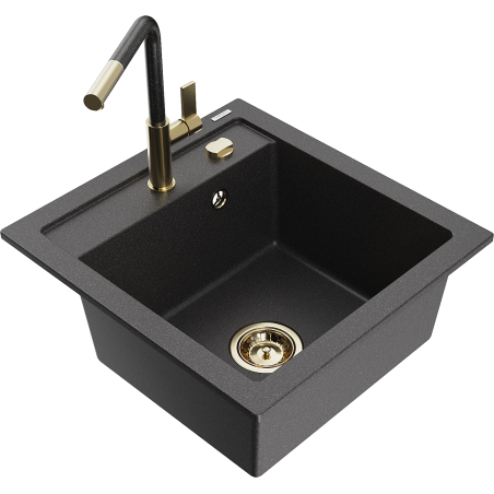 Mexen Vito granitspüle mit 1 Becken und Küchenarmatur Flora, schwarz gesprenkelt - 6503-76-670401-75-G
