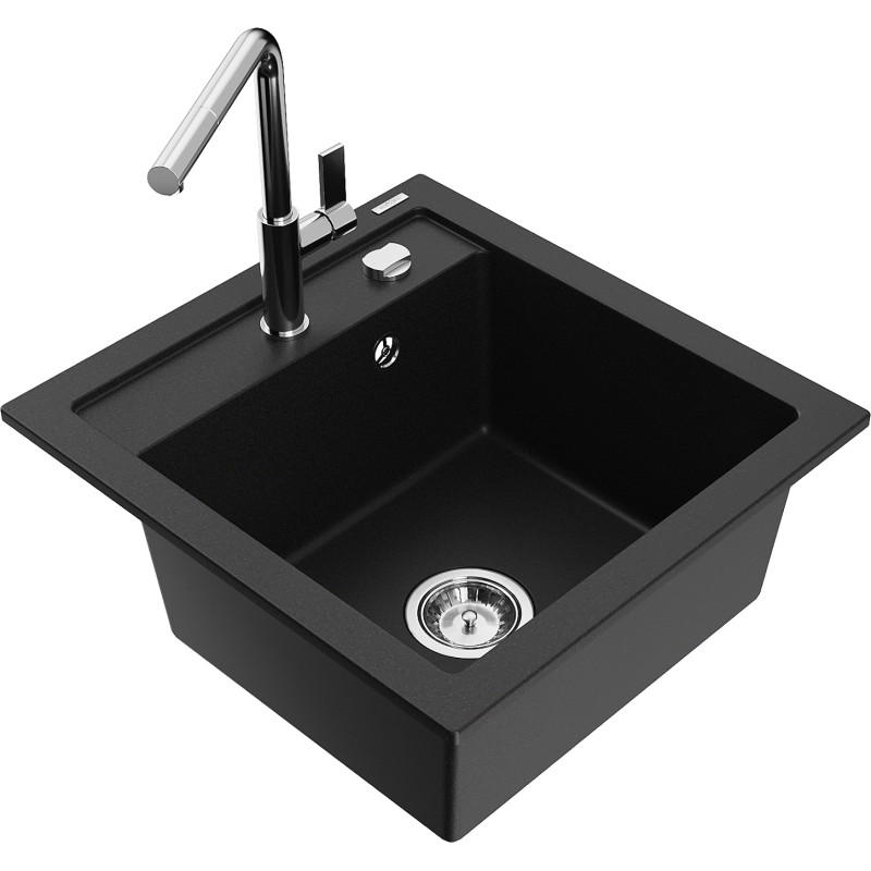 Mexen Vito Granitspüle 1-Becken mit Küchenarmatur Flora, schwarz - 6503-77-670401-00
