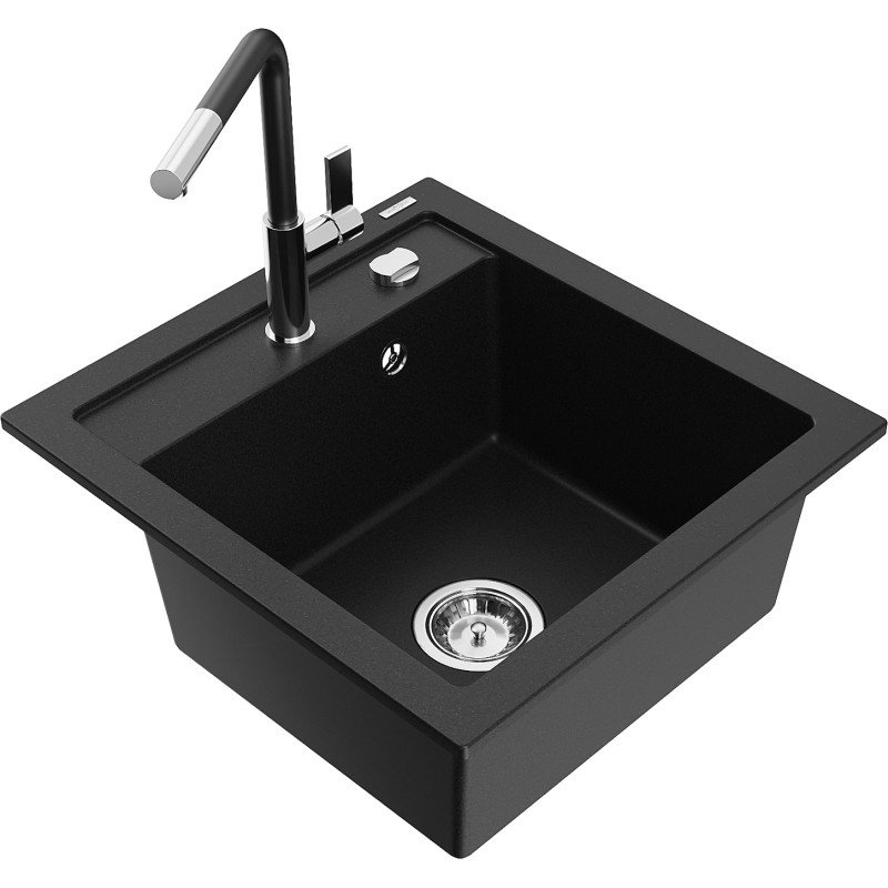 Mexen Vito granitspüle einbecken mit Küchenarmatur Flora, schwarz - 6503-77-670401-07