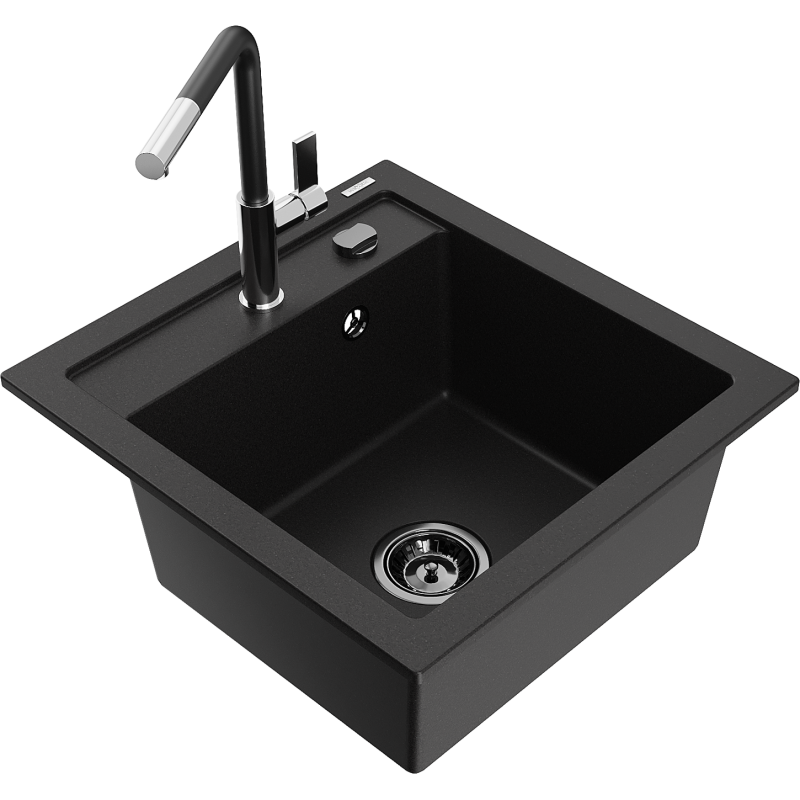 Mexen Vito Granitspüle 1-becken mit Küchenarmatur Flora, schwarz - 6503-77-670401-07-B