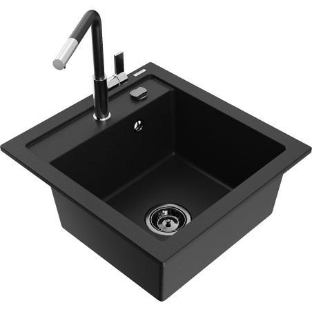 Mexen Vito Granitspüle 1-becken mit Küchenarmatur Flora, schwarz - 6503-77-670401-07-B