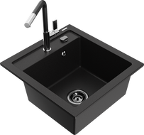 Mexen Vito Granitspüle 1-becken mit Küchenarmatur Flora, schwarz - 6503-77-670401-07-B