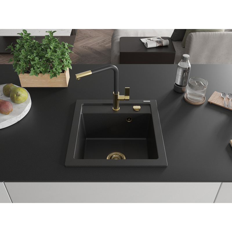 Mexen Vito Granitspüle 1-Becken mit Küchenarmatur Flora, schwarz - 6503-77-670401-57-G