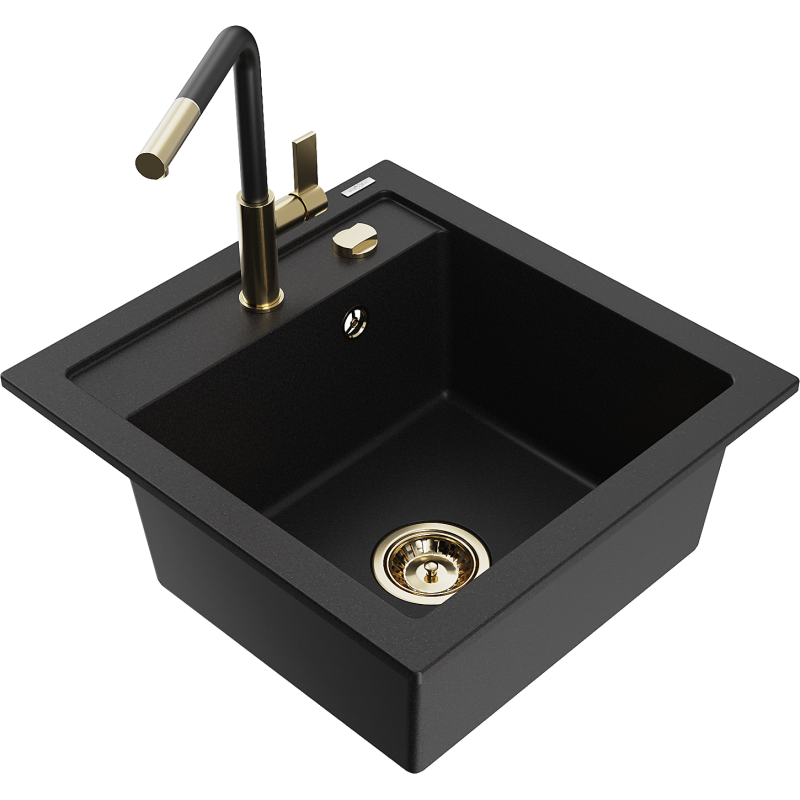 Mexen Vito Granitspüle 1-Becken mit Küchenarmatur Flora, schwarz - 6503-77-670401-57-G
