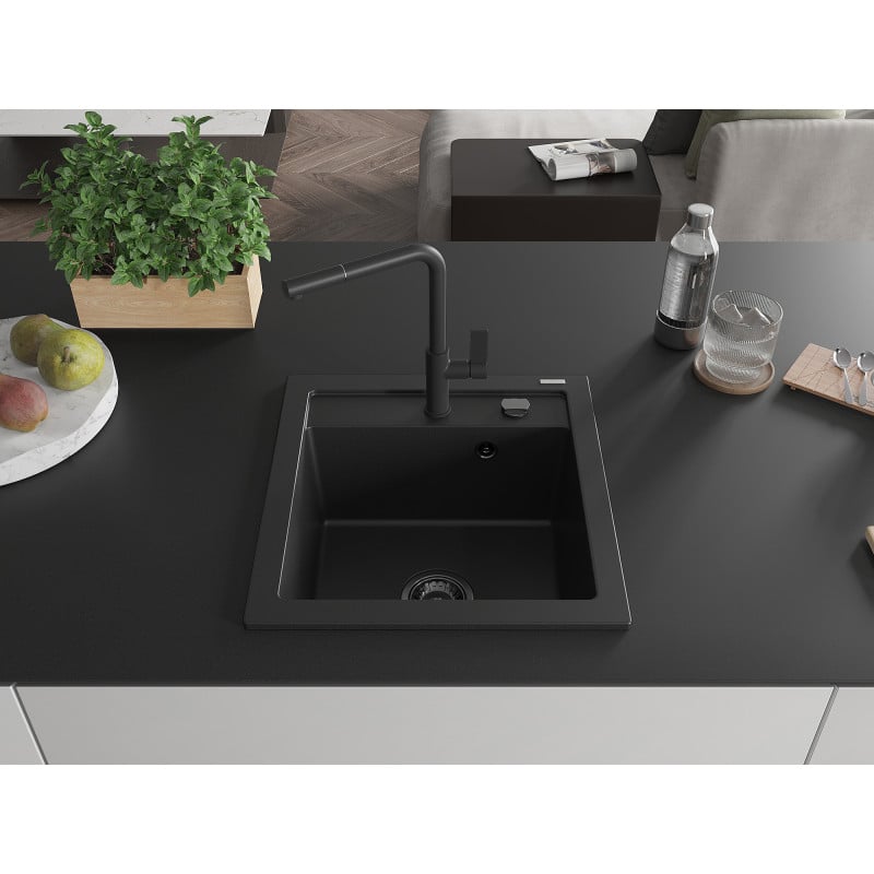 Mexen Vito Granitspüle 1-beckig mit Küchenarmatur Flora, schwarz - 6503-77-670401-70-B