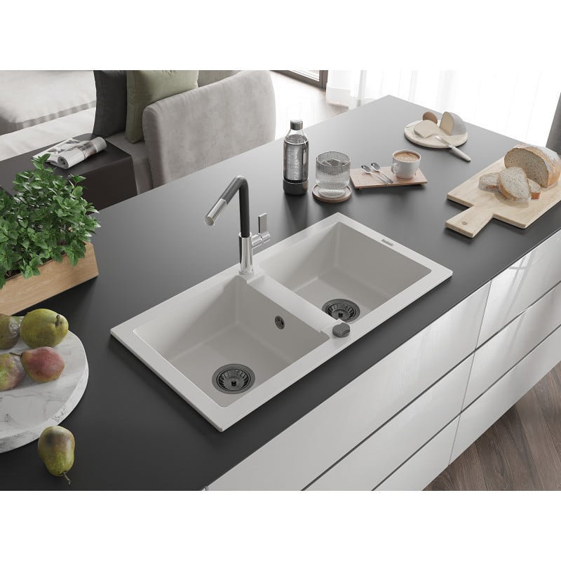 Mexen Mario Granitspüle 2-Becken mit Küchenarmatur Flora, weiß - 6504-20-670401-07-B