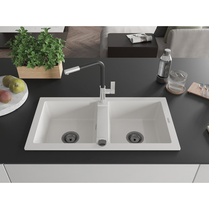 Mexen Mario Granitspüle 2-Becken mit Küchenarmatur Flora, weiß - 6504-20-670401-07-B