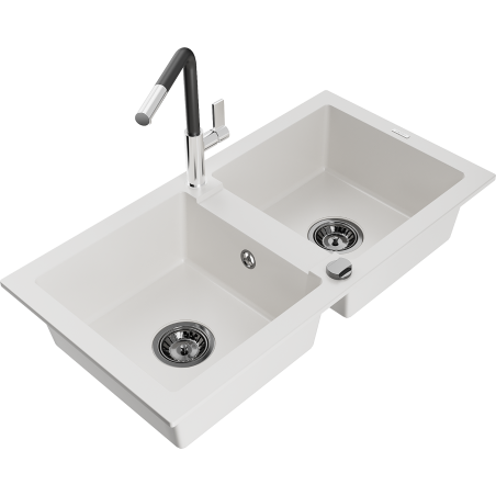 Mexen Mario Granitspüle 2-Becken mit Küchenarmatur Flora, weiß - 6504-20-670401-07-B
