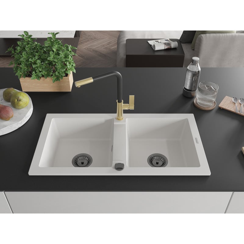 Mexen Mario 2-Kammer Granitspüle mit Küchenarmatur Flora, weiß - 6504-20-670401-57-B