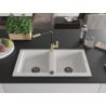 Mexen Mario 2-Kammer Granitspüle mit Küchenarmatur Flora, weiß - 6504-20-670401-57-B