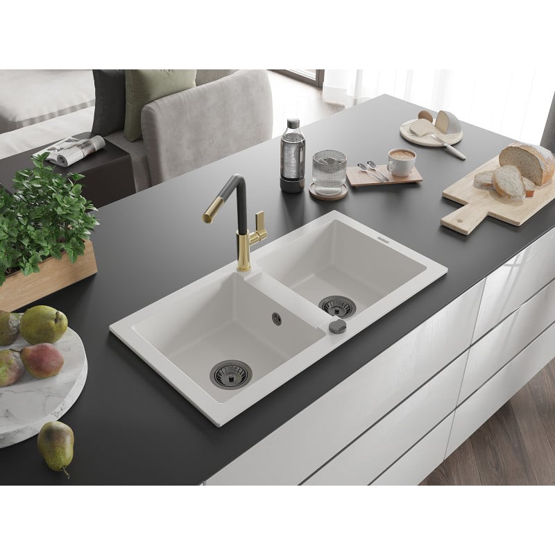 Mexen Mario 2-Kammer Granitspüle mit Küchenarmatur Flora, weiß - 6504-20-670401-57-B