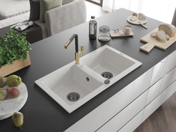 Mexen Mario 2-Kammer Granitspüle mit Küchenarmatur Flora, weiß - 6504-20-670401-57-B