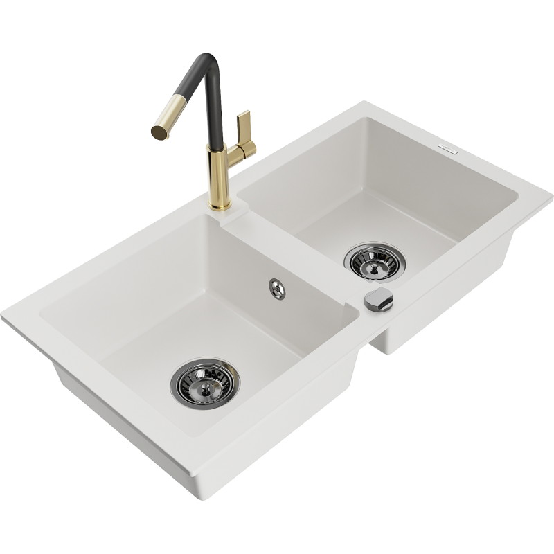 Mexen Mario 2-Kammer-Design Granitspüle mit Küchenarmatur Flora, weiß - 6504-20-670401-57-B