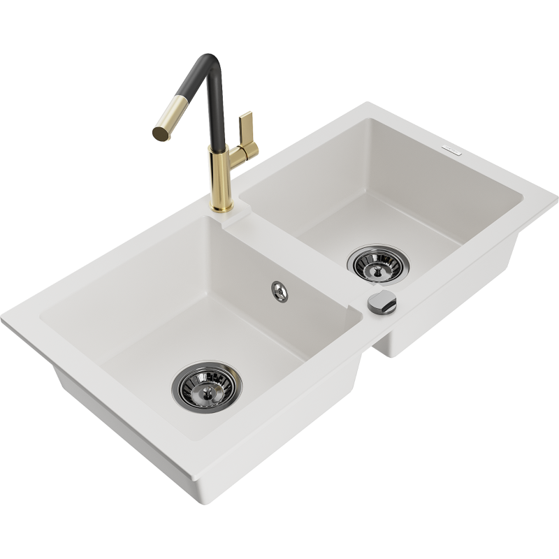 Mexen Mario 2-Kammer Granitspüle mit Küchenarmatur Flora, weiß - 6504-20-670401-57-B