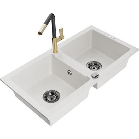Mexen Mario 2-Kammer-Design Granitspüle mit Küchenarmatur Flora, weiß - 6504-20-670401-57-B