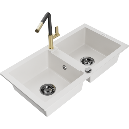 Mexen Mario 2-Kammer Granitspüle mit Küchenarmatur Flora, weiß - 6504-20-670401-57-B