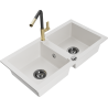Mexen Mario 2-Kammer Granitspüle mit Küchenarmatur Flora, weiß - 6504-20-670401-57-B