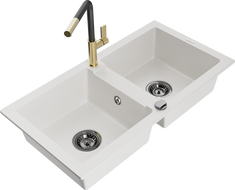 Mexen Mario 2-Kammer Granitspüle mit Küchenarmatur Flora, weiß - 6504-20-670401-57-B
