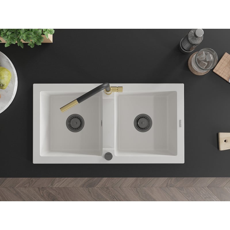 Mexen Mario 2-Kammer Granitspüle mit Küchenarmatur Flora, weiß - 6504-20-670401-57-B