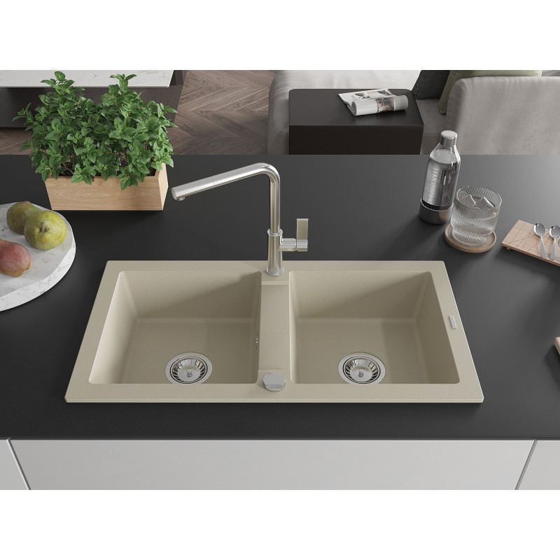 Mexen Mario granitspüle mit 2 becken und küchenarmatur Flora, beige - 6504-69-670401-00