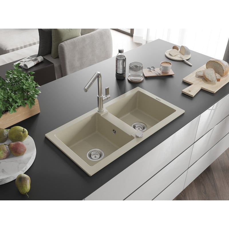 Mexen Mario Granitspüle 2-Kammer mit Küchenarmatur Flora, beige - 6504-69-670401-00
