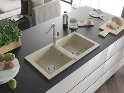 Mexen Mario Granitspüle 2-Kammer mit Küchenarmatur Flora, beige - 6504-69-670401-00