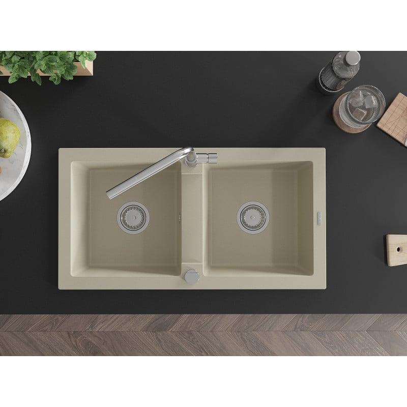 Mexen Mario Granitspüle 2-Kammer mit Küchenarmatur Flora, beige - 6504-69-670401-00