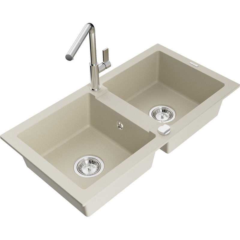 Mexen Mario 2-Becken-Granitspüle mit Mischbatterie Flora, Beige - 6504-69-670401-00