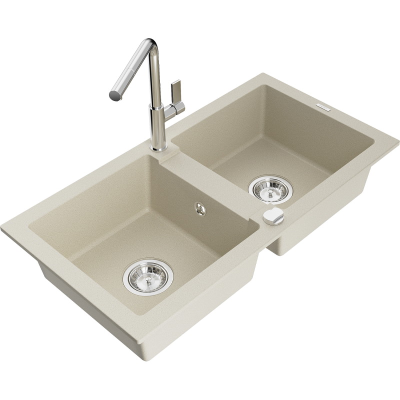 Mexen Mario granitspüle mit 2 becken und küchenarmatur Flora, beige - 6504-69-670401-00