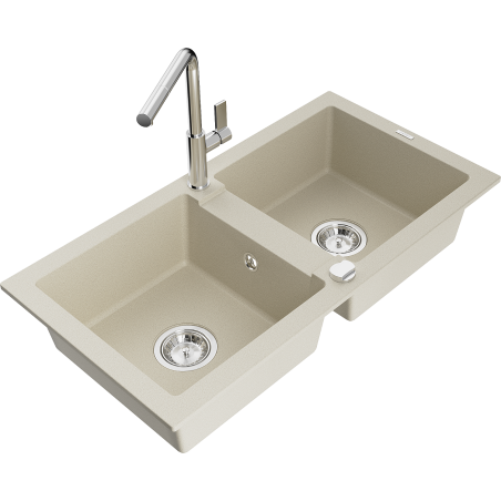 Mexen Mario 2-Becken-Granitspüle mit Mischbatterie Flora, Beige - 6504-69-670401-00