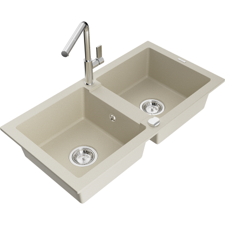 Mexen Mario Granitspüle 2-Kammer mit Küchenarmatur Flora, beige - 6504-69-670401-00