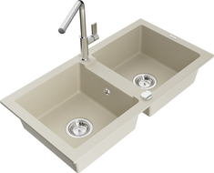 Mexen Mario Granitspüle 2-Kammer mit Küchenarmatur Flora, beige - 6504-69-670401-00