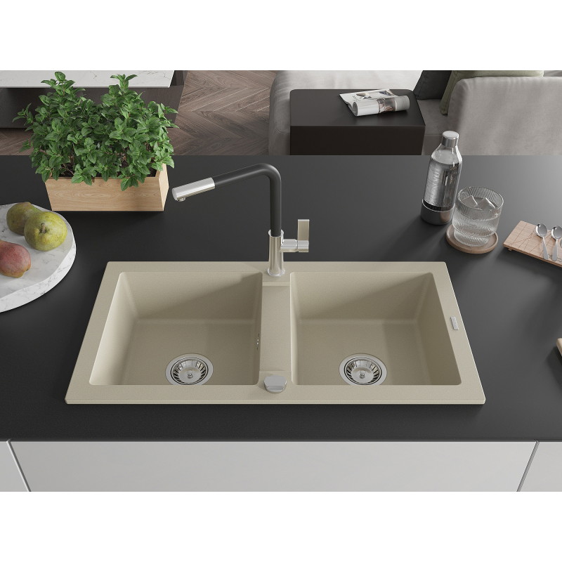 Mexen Mario Granitspüle 2-Becken mit Küchenarmatur Flora, beige - 6504-69-670401-07