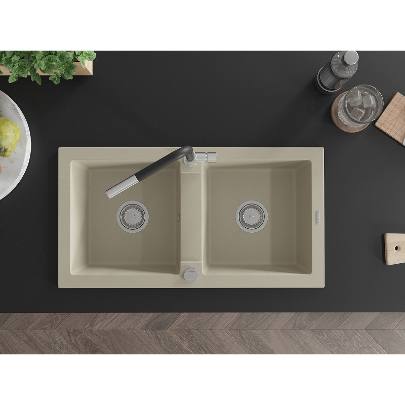 Mexen Mario Granitspüle 2-Becken mit Küchenarmatur Flora, beige - 6504-69-670401-07